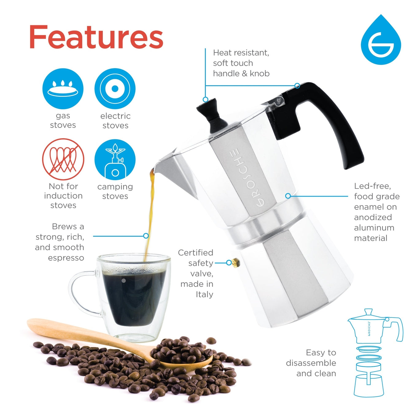 Grosche Milano Stovetop Espresso Coffee Maker, Chrome, Multiple Sizes